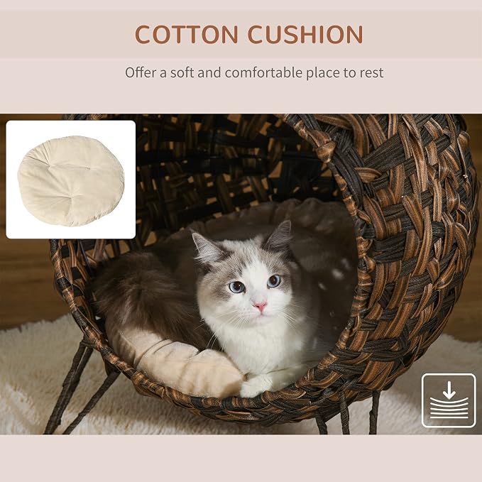 PawHut 20.5" Weaved Cat Bed with Cushion, Brown | Elevated Hand-woven Braided Banana Leaf Kitten House Condo - Image 4