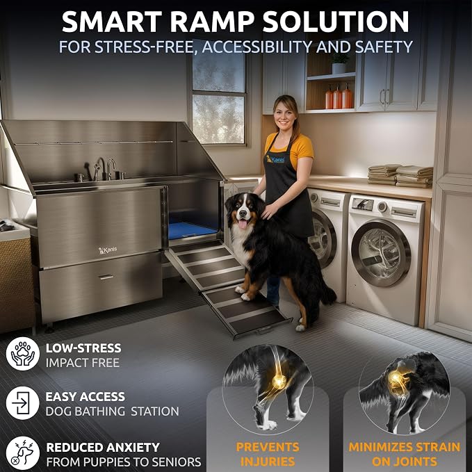 KANIS Professional Dog Washing Station 304 Stainless Steel Pet Wash Sink | Grooming Bathtub w/Shower, Floor Grates and Storage for Large, Medium & Small Pets (Silver, 61 Inches, Right Ramp, 1 Drawer) - Image 3