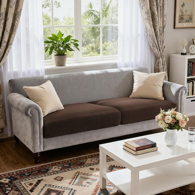 CHUN YI 2 Piece Couch Cushion Covers for Sofa Seat Slipcovers Suitable with Spandex Jacquard Washable Fabric (2 Piece Sofa Cushion Covers, Chocolate) - Image 2