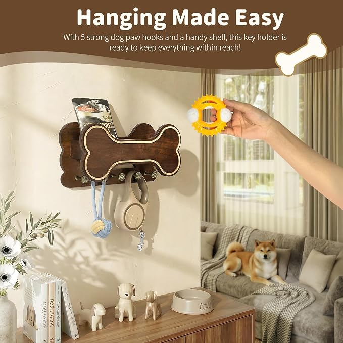 MTERSN Decorative Dog Leash Holder for Wall - Bone Shape Key Holder Wall Mount with 5 Cute 3D Doggie Paw Key Hooks & Floating Shelf to Organize Dog Stuff - Wall Decor Living Room for Pet (Dark Acacia) - Image 5
