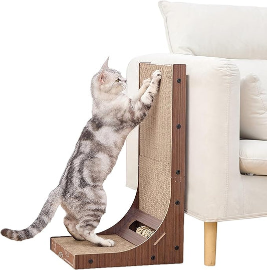 Petpals Corrugate Cardboard Cat Scratching Pad, 24" Double Side L Shaped | Replaceable Cardboard Scratching Pads, Multi-use to Protect Couch Sofa Furniture, with Rattan Ball Toys, Laminated Wood Frame by Petpals