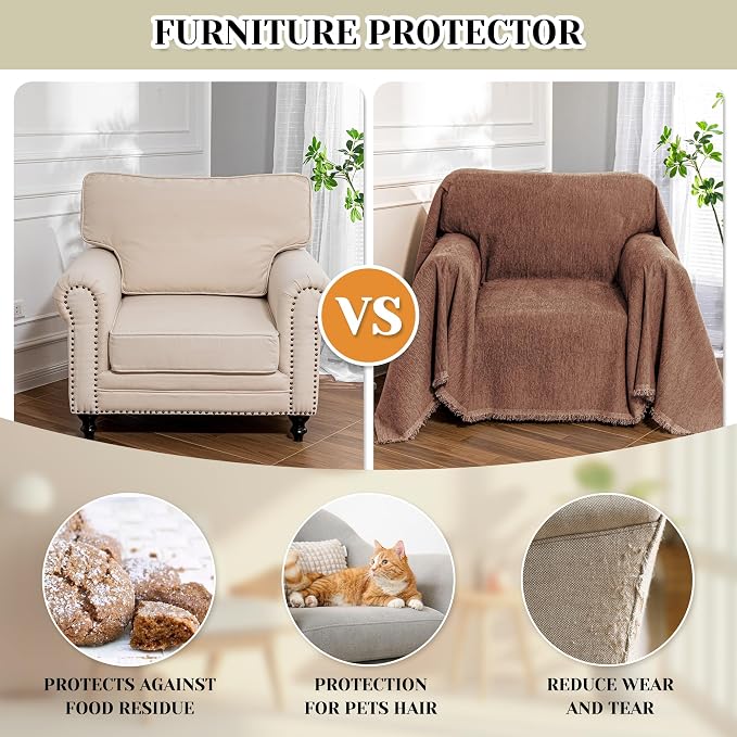 MEETSKY Sofa Covers Armchair Single Couch Cover for Dogs,Throw Couch Cover with Tassel Chair Recliner Futon Cover Washable 1 Cushion Couch Chenille Couch Protector, 71"x 91", Reddish Chocolate - Image 5