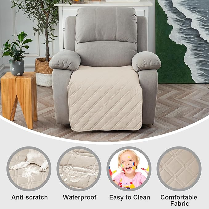 Genina Waterproof Recliner Chair Covers, Recliner Cover for Dog Pets Friendly, Washable Antislip Reclining Chair Cover Furniture Protector, Sofa Slipcover for Living Room(23.6inch/Beige) - Image 2