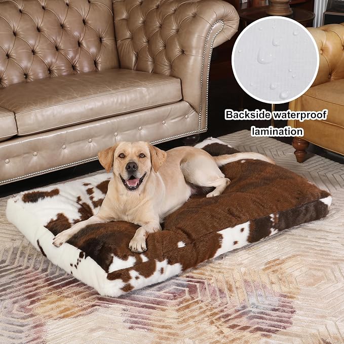 Bedfolks Plush Waterproof Dog Crate Bed, Faux Fur Kennel Pad for Extra Large Dogs, Removable Washable Cover, 41"x27", Cow Print - Image 2