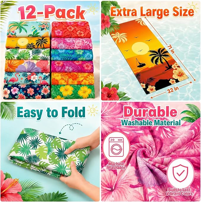 12 Pack Microfiber Beach Towel Set 32x71 Oversized Extra Large Swim Pool Towel Soft Fiber Beach Towels Set for Summer Travel Spa Swim Pool Accessories Vacation Essential Gift(Hawaii Tropical) - Image 3