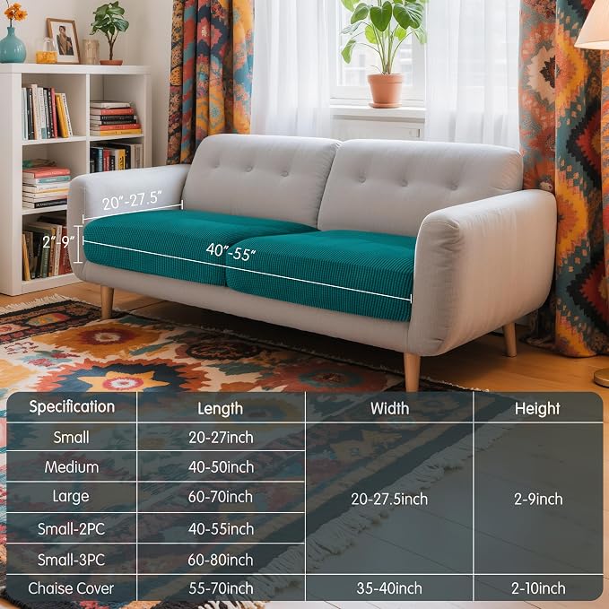 Hokway Stretch Couch Cushion Covers, 2 Piece Individual Sofa Cushion Slipcovers，Jacquard Sofa Seat Slipcover Set, Non-Slip Protector for Cushion (Teal,Small-2PC) - Image 3