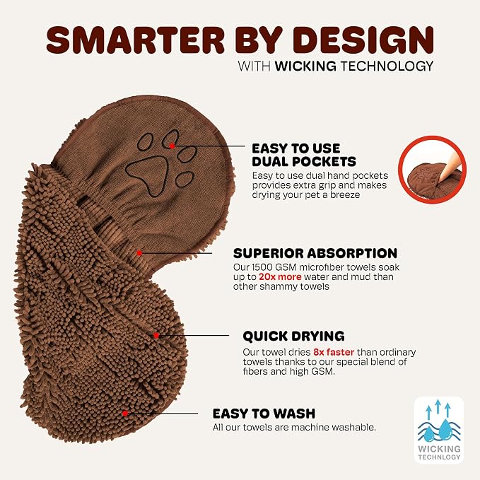 Dog Gone Smart The Dirty Dog Shammy - 2-Pack, Antimicrobial Microfiber Dog Towel for Odor Control, Fast-Drying Plush, Dual Hand Pockets & Super Absorbent, Machine Washable - 31 x 13 in, Brown - Image 4