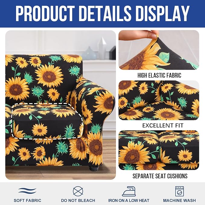 hyha Stretch Couch Cover, Sofa Covers for 2 Separate Cushion Couch Washable | Loveseat Cover, Floral Pattern, Printed, 3 Pieces, 2 Seater Furniture Protector with Elastic Bottom for Dogs, Pet Friendly - Image 4