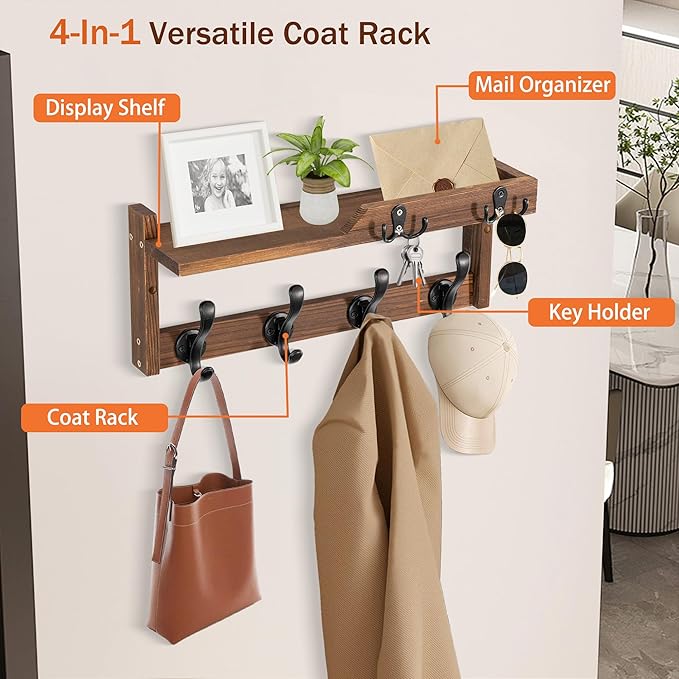 dreampossible Coat Rack Wall Mount with Shelf, Coat Hanger Wall Mount with Key Hooks and Mail Holder, Wood Entryway Floating Shelf with Hooks and Storage, Hat Rack for Wall Key Holder Mail Organizer - Image 4