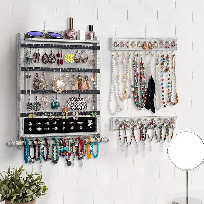 Wall Jewelry Organizer,3Pcs Hanging Jewelry Organizer,Wooden Jewelry Holder | Rustic Wall Mounted Jewelry Organizer and Storage,Wall Jewelry Hanger for Home Jewelry Storage Display - Image 2