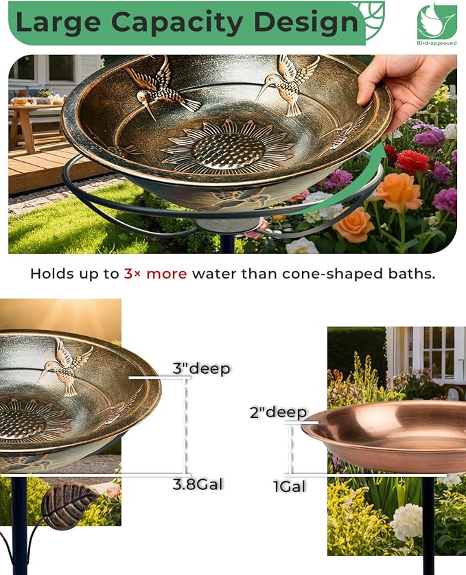 13" Metal Bird Bath for Outside – Hummingbird Embossed Garden Birdbath Bowl with Stake | Adjustable Height Outdoor Bird Bath, Removable Bowl, Rust Resistant Yard Lawn Decor - Image 2