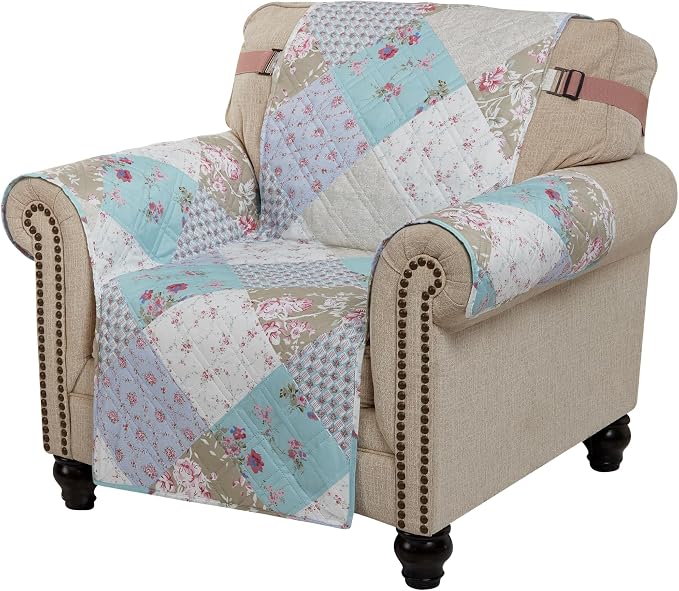 Brilliant Sunshine Blue & Green Roses Couch Armchair Cover, 23" seat | Patchwork Design, Non Slip Sofa Cover, Quilted Furniture Protector, Washable Chair Slipcover for Pets, Dogs & Cats - Image 3