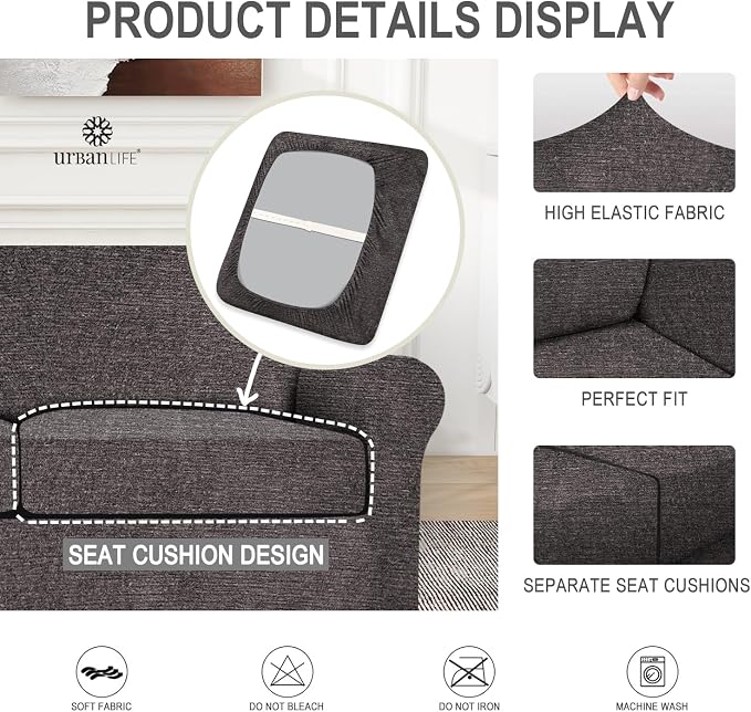 URBANLIFE 4-Piece Stretch Sofa Covers for 3 Cushion Couch, Charcoal Gray | Super fitted spandex slipcovers for couches. Non-slip elastic bottom. Machine washable furniture protector for kids & pets. - Image 6