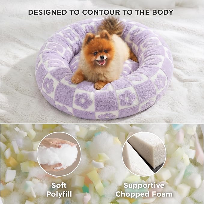 Lesure Shown on TV Donut Cat Bed for Indoor Cats - Small Round Dog Bed for Calming Pet as Gift with Washable Cover, Cute Puppy Bed with Jacquard Shaggy Plush & Anti Slip Bottom, 20 Inch, Flower Checks - Image 5