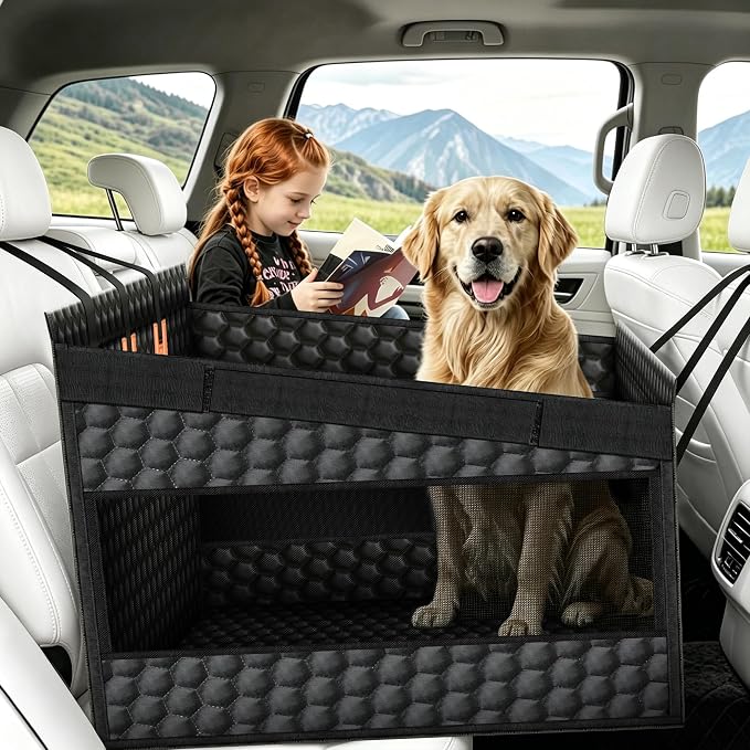Large Dog Car Seat Cover Hammock Backseat, Waterproof Hard Base PU Leather | Universal Fit for Car SUV & Truck, Scratchproof, Nonslip, Mesh Window, Machine Washable, Side Flaps, Easy Install, Heavy Duty by OROMVO