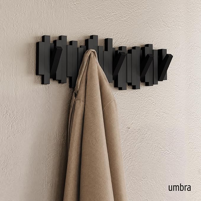 Umbra Sticks Wall Mount Coat Rack, 5 Hook Retractable Pegs, Black | Mounting hardware included, sculptural modern design, entryway or bedroom use, recycled plastic - Image 2
