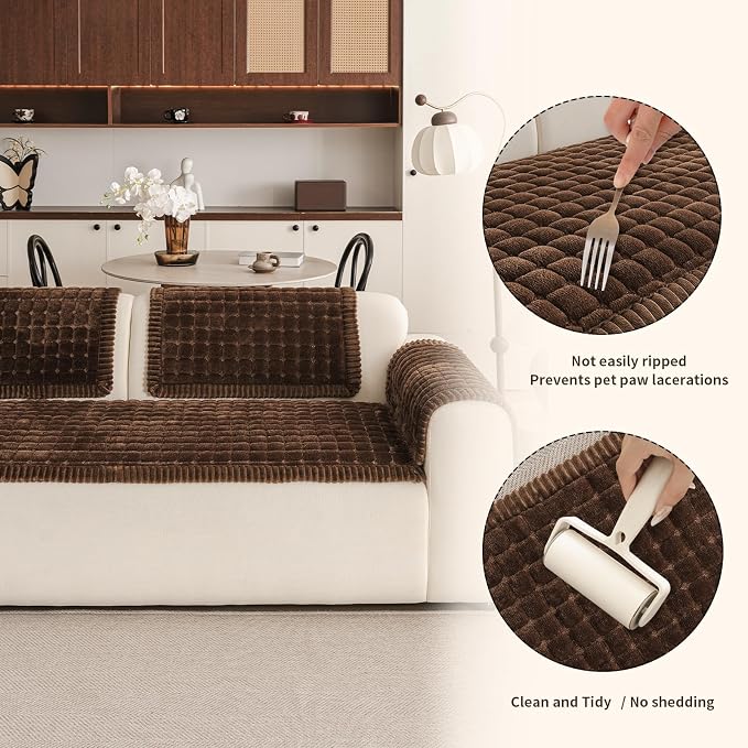 Couch Covers for Sofa Washable, Non Slip Couch Covers for Dogs, Soft Plush Pet Friendly Dog Couch Cover, Plaid Couch Protector for Dogs, Pet Couch Cover for 2-3 Seats(Dark Brown,28"×83",1PC) - Image 6