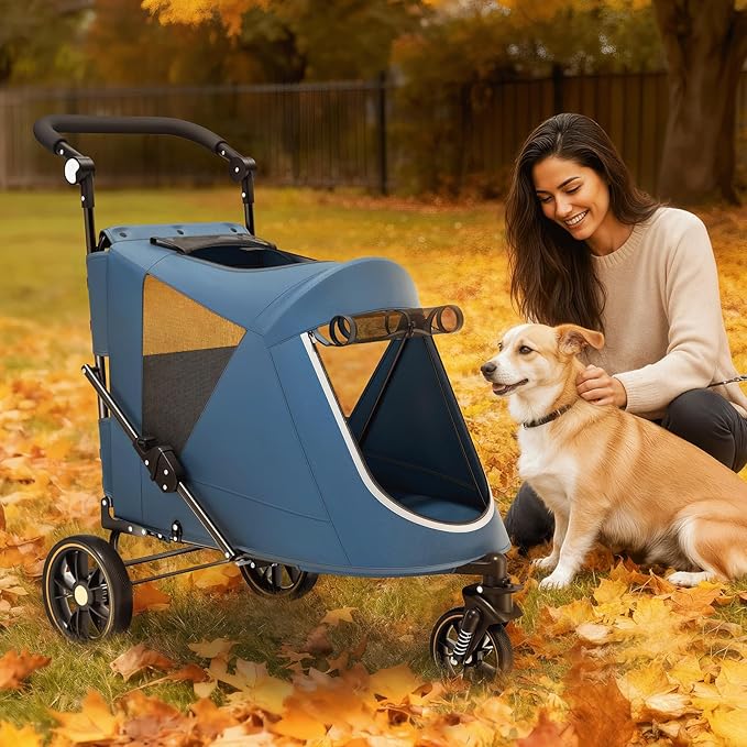 Magshion Pet Stroller for Medium Dogs w/Adjustable Handle, 3-Wheel Dog Cat Wagon w/Dual Entry, Rear Storage, Breathable Mesh, One-Foot Brake, Ideal for Large Pets up to 55 lbs, Navy Blue