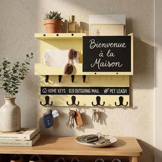 Key Holder for Wall Mount with Shelf and Mail Organizer, Key and Mail Holder with 16 Hooks, Farmhouse Entryway Organizer, Home Decor Rack(Pine Wood,Ivory Yellow) by HEKOOLA