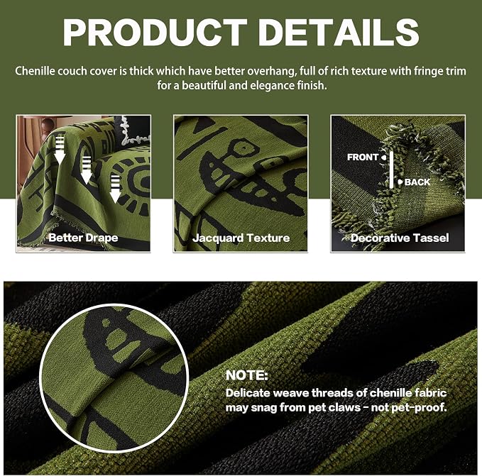 DREAMINGO Green Japandi Couch Cover Boho Tribal Jacquard Sofa Covers for 3 Cushion Couch Thick Soft Chenille Living Room Furniture Futon Sectional Sofa Slipcovers Washable, X-Large 71"x134" - Image 4