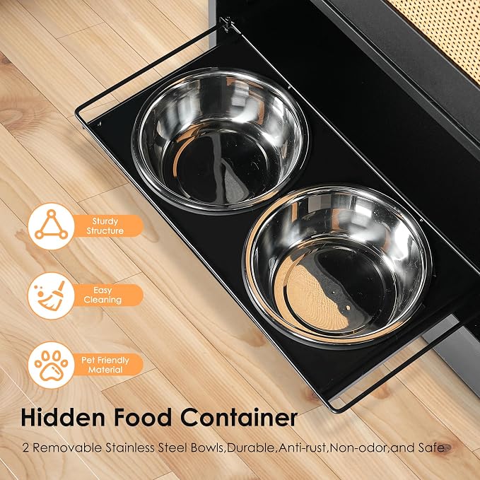 Feeding Station with 1 Storage Cabinets, Pet Feeding Station with 2 Elevated Dog Bowls, Side Hooks, Anti-tip Kit, Hidden Pet Feeder Station for Feeding & Watering, Black - Image 7