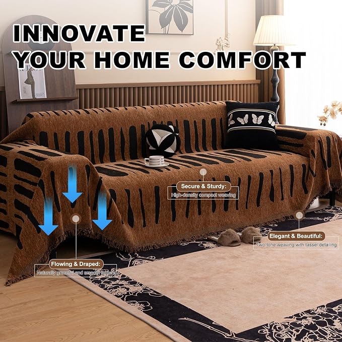 ROOMLIFE Dark Brown Couch Cover 3 Cushion Sofa, Washable Non Slip Furniture Sofa Protector Cover, Soft Chenille Sofa Slipcovers Sectional L Shape Dogs Couch Cover Throw Blanket with Tassels71''X150'' - Image 3