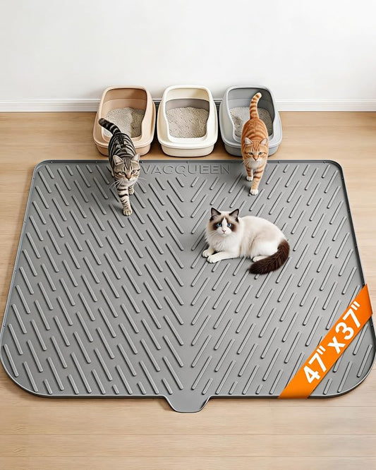 Cat Litter Box Mat, 47" x 37" Extra Large Cat Litter Mat, Silicone Waterproof Litter Trapping Mat for Scatter Control Soft on Kitty Paws Non-Slip Easy to Clean (Gray) by Vacqueen