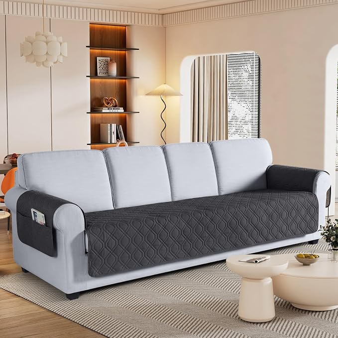 VANSOFY Waterproof Oversized Couch Cover for Pets, Charcoal Gray, 72.4" | Non-Slip, Washable, Utility Pockets, Pet Friendly, Furniture Protector Slipcover for 4 Cushion Couch - Image 2