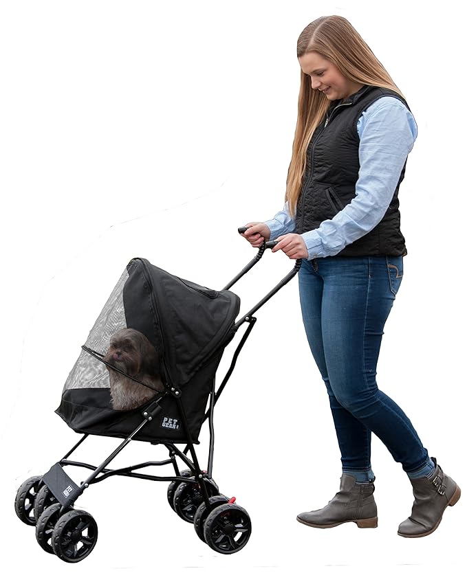Pet Gear Travel Lite Plus Stroller, Compact, Easy Fold, No Assembly Required, Large Wheels for Cats and Dogs up to 15 pounds, New Black