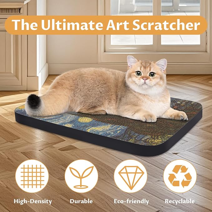 Cat Wall Scratcher, Art Cat Scratching Board for Indoor Cats | Wall Mounted Cat Scratch Pad, Water-Based Ink, Hook&Loop Strips, Floor or Wall Use, 16.7x11x1 Inch, Starry Night - Image 4