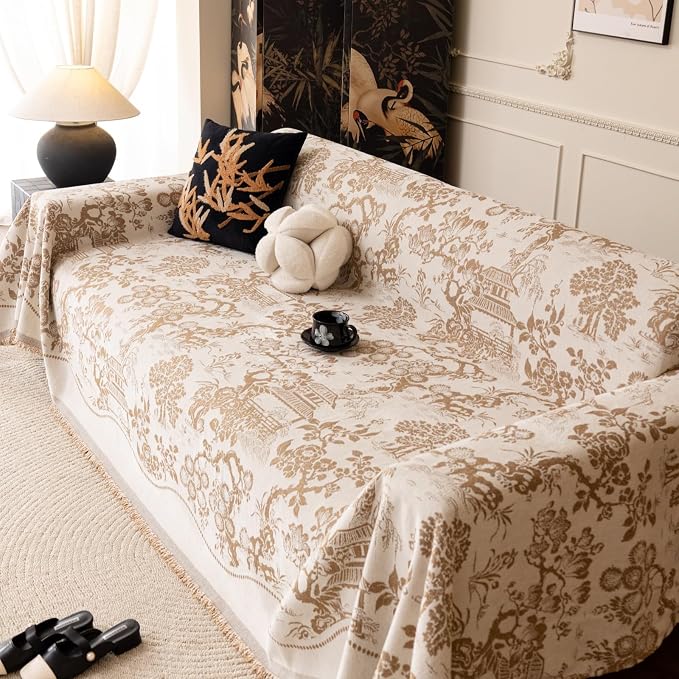 French Country Couch Cover for 3 Cushion Sofa, Chinoiserie Reversible Couch Cover Sectional L Shape, Farmhouse Beige Home Decor Chenille Non Slip Washable Large Couch Protector for Dogs 71"x118" - Image 2