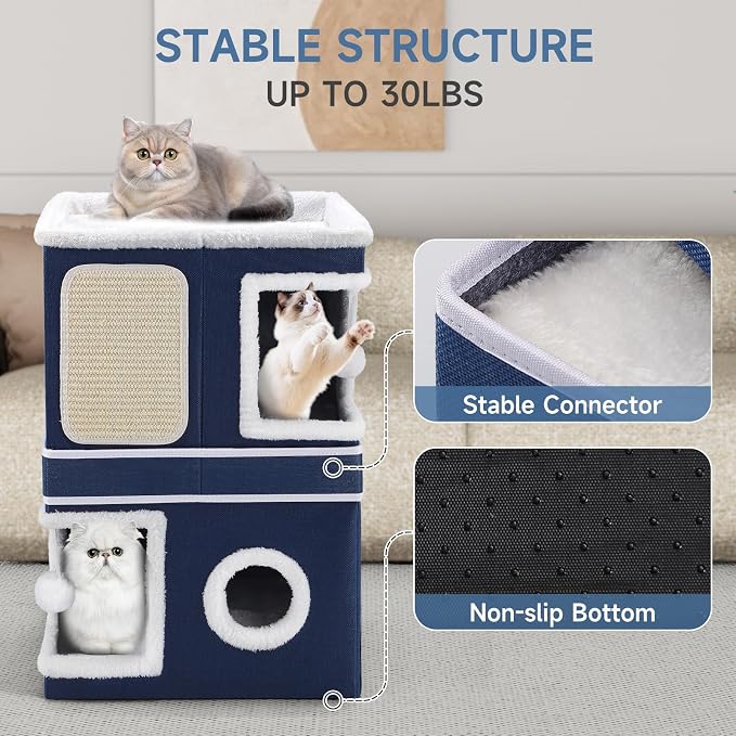 Shikha 2 Story Cat House beds for Indoor Cats with Scratch Pads Blue | 2 in 1 Dual Use Double Cat Bed Cave for Multiple Pets Kitten, Elevated Perch for a Wide View, All Season Reversible Cushion - Image 5