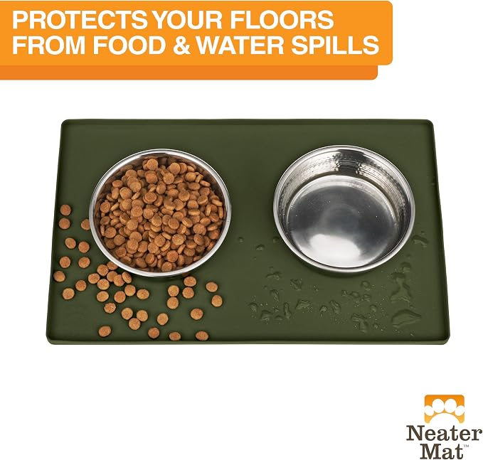 Neater Pet Brands Neater Mat Pet Mats for Food and Water, Cat & Dog Bowl Mat Waterproof Silicone, Feeding Tray, Dog Food Mats for Floors, Placemat w/Raised Edge for Under Bowls, 16” x 10”, Olive - Image 2