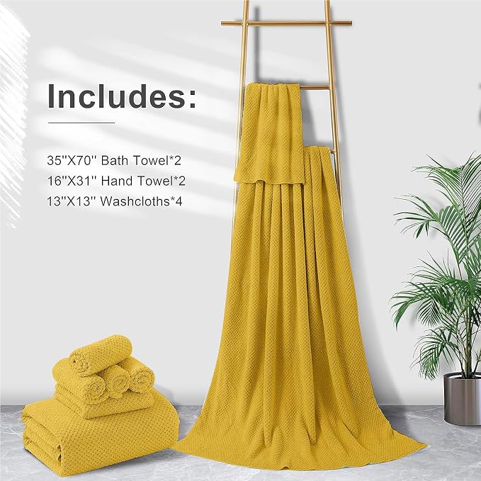 8-Piece Bath Towel Set, 2 Extra Large Bath Towel Sheets, 2 Hand Towels and 4 Washcloths - Highly Absorbent Quick Dry Microfiber,Ultra Soft Towel Set for Bathroom Waffle Weave, Pack of 8 (Sweet Yellow) - Image 6
