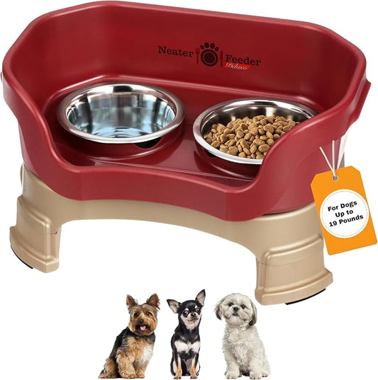 Neater Feeder Deluxe Mess-Proof Elevated Dog Bowls for Small Dogs (Up to 19 lbs), 2 Height Adjustable (6” & 7.5”) No-Spill Raised Dog Bowl Stand, Stainless Steel Food Bowl Set, Made in USA, Cranberry by NeaterPetBrands