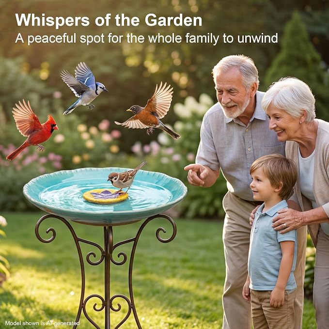 Topadorn 2" Depth Ceramic Birdbath & Birdfeeder for Small Birds Outdoors | 12.2'' Bird Bath Bowl For Vintage Garden Patio Yard Lawn Decor, Blue with Yellow Flower - Image 4