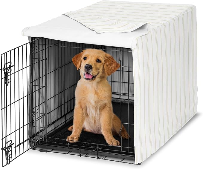 Sweet Jojo Designs 36in. Medium Dog Crate Cover (Grey and Beige Striped) Pet Cage, Kennel Covers (Taupe, Modern, Bold, Classic, Stripes, Contemporary, Minimalist, Geometric Lines) by SweetJojoDesigns