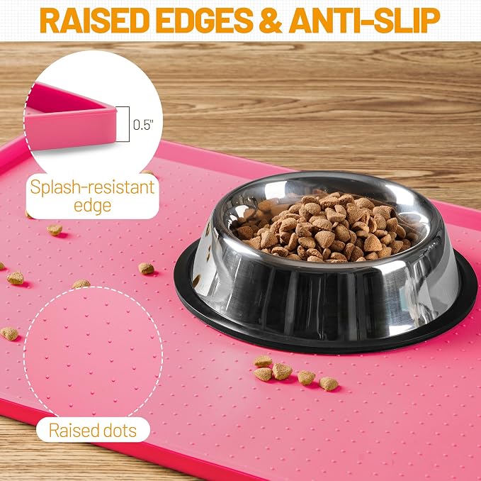 Hubulk Dog Feeding Mat,100% Waterproof Food Grade Silicone Pet Food and Water Bowl Placemat,Dishwasher, High Raised Edge to Prevent Spills,Nonslip Tray to Stop Messes on Floor (19"x12"x0.5", Pink) - Image 3