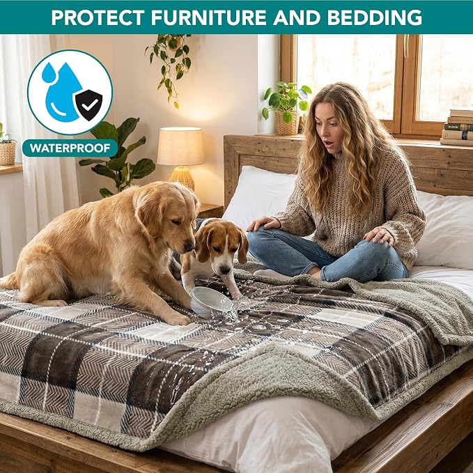PetAmi Waterproof Dog Blanket for Couch, Extra Large 80x60, Pee Proof Sherpa Fleece Reversible Pet Throw, Furniture Protector for Bed Sofa Crate Kennel, Soft Washable Cover for Dogs, Plaid Taupe - Image 2