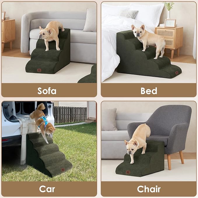 EHEYCIGA Curved Dog Stairs Ramp for High Beds 22.6" H, 5-Step Dog Steps for Small Dogs and Cats, Pet Stairs for High Bed Climbing, Non-Slip Balanced Pet Step Indoor, Military Green - Image 7