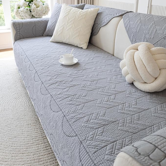 KRFOONN Cotton Quilted Dog Couch Cover for Sofa (04, 27.6" x 70.9") | Farmhouse Embroidery Sectional Couch Cover Washable, Soft Non Slip Sofa Slipcover Cushion Furniture Protector for Kids, Pets by KRFOONN