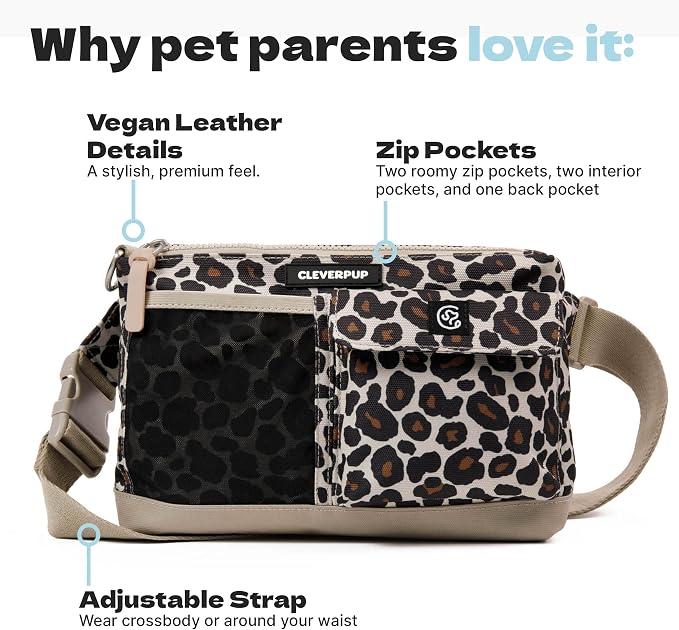 Cleverpup Walk & Train 2-in-1 Dog Walking Bag - Hands-Free Training Crossbody Sling & Fanny Pack with Treat Pouch, Poop Bag Holder, Phone Pockets - Adjustable Waist or Shoulder Strap - Leopard - Image 2