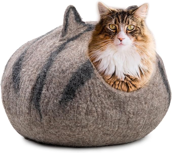 Wool Cat Cave Bed - Extra Warm, Handcrafted, Eco-Friendly Felt Cat Cave for Indoor Cats and Kittens (White Polka) by Woolygon (Tabby Ear) - Image 5