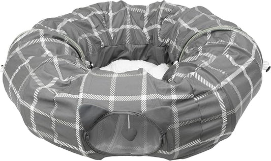 Kitty City Large Cat Tunnel Bed, 2-in-1 Zip-Together Cat Play Tunnel & Plush Nap Bed, Pop-Up Indoor Cat Toy with Hanging Toys, Collapsible Design - Grey by KittyCity