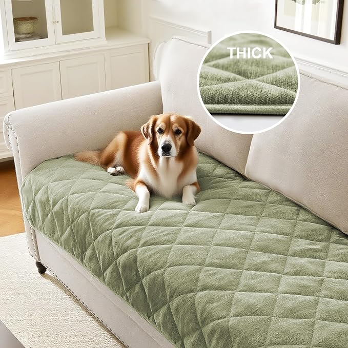 PrinceDeco Couch Covers for Dogs Chenille Sofa Covers for 2 Cushion Washable Quilted Checkered Fuzzy Pet Couch Cover Soft Couch Protector Non-Slip Sofa Pads for Puppy Cat Kids(34.5" x 60", Green) - Image 2