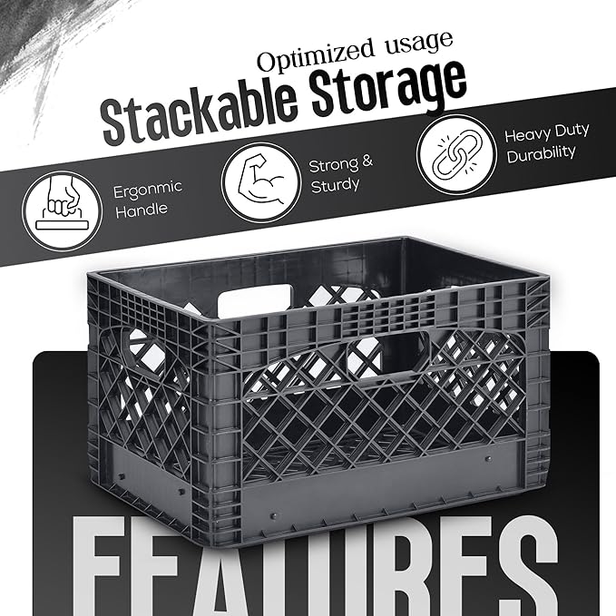 Juggernaut Storage 3-Pack 24-Quart Heavy-Duty Plastic Stackable Milk Crates | Open Bin Basket with Handles, Organizers for Home, Office, Dorm, and Car Organization, Black - Image 2