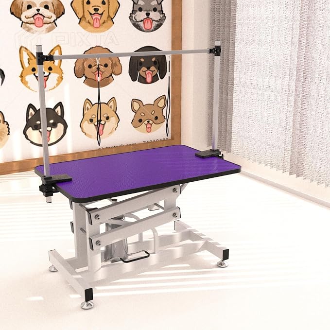 Hydraulic Dog Pet Grooming Table, 42 Inch Heavy Duty Professional Pet Grooming Station 21'' -36'' Height Adjustable for Large Dog at Home with Adjustable Overhead Arm, Clamp and Grooming Noose, Purple - Image 6