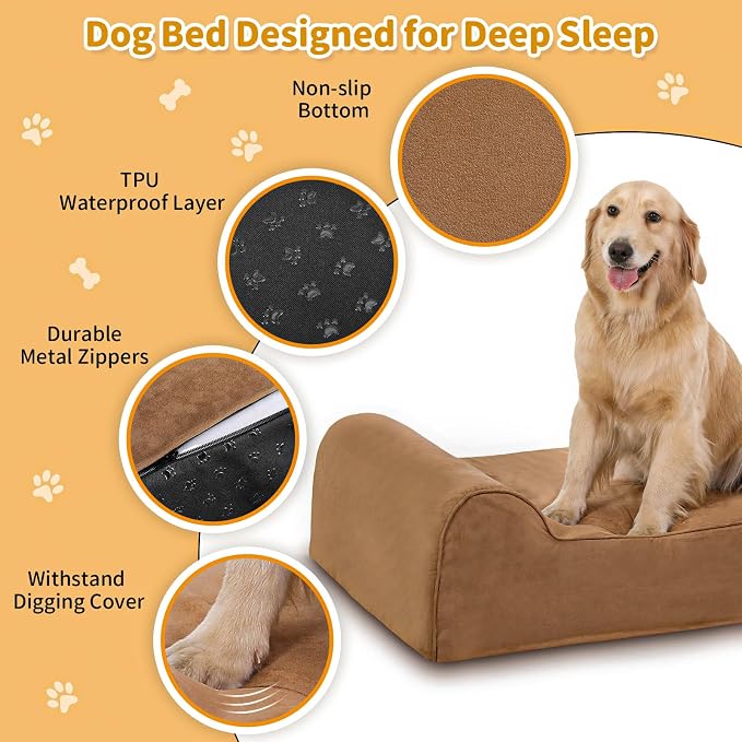 Rainmr Orthopedic Dog Beds for Large Dogs, 7" Memory Foam Dog Beds with Waterproof Liner, Durable Microsuede Cover, Removable and Washable, Nonskid Bottom, 60"x48"x7" XXL Khaki - Image 2