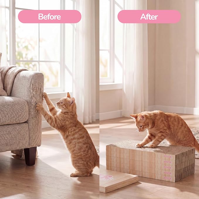 Naomi 18" x 10" Reversible Corrugated Cardboard Cat Scratcher Pads with Catnip, 5-Pack, Oak Wood Finish Modern Furniture Protector CSR1009B - Image 7