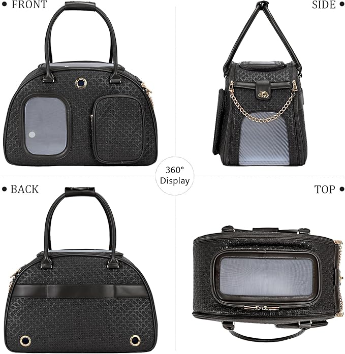 Stylish Luxury Dog Carrier Purse for Small Dogs, Ventilated Pet Soft-Sided Dog Cat Carrier Travel Tote Bag for Puppies Small Animals with Pockets (Black, 16.9inch x 9inch x 11.8inch(LxWxH))